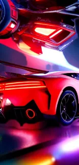 Futuristic red sports car with neon lights.