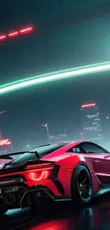 Futuristic red sports car under neon lights in a cityscape at night.