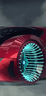 Sleek red sports car with futuristic blue wheel accents.