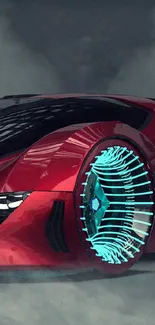 Futuristic red sports car with glowing cyan wheels on a smoky backdrop.