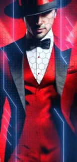 Elegant red suit with digital overlay on futuristic wallpaper.