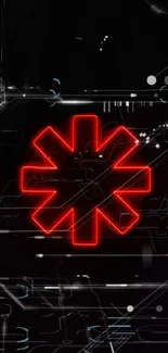 Futuristic red digital symbol on abstract black background.