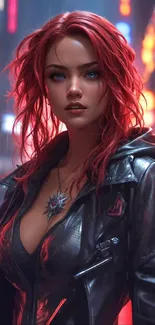 Redhead in leather with city lights behind.