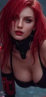 Futuristic red-haired female warrior in digital art style.