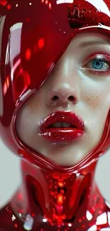 Futuristic art portrait with reflective red textures.
