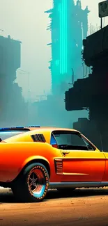 Retro car in a futuristic city with vibrant orange hues.