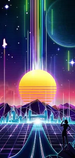 Retro futuristic landscape with glowing sunset in space scene.