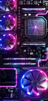 Futuristic circuit board wallpaper with RGB lights and neon design.