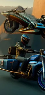 Futuristic blue motorcycle with rider on road.