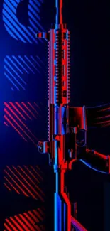 Futuristic neon rifle art with vibrant blue and red hues.