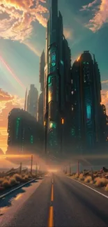 Futuristic city skyline with road at sunset in digital art style.