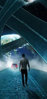 Futuristic scene with traveler on road to Earth under a cosmic sky.