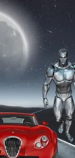 Futuristic scene with cyborg and car under moonlit sky.