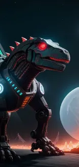 Futuristic cyborg dinosaur with cosmic backdrop and dual moons.