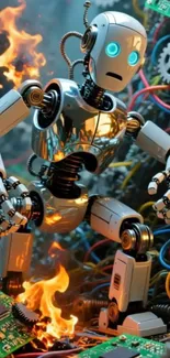 Futuristic robot surrounded by flames and wires.