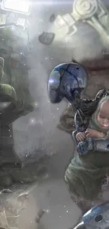 Futuristic robot gently cradling a baby in a surreal sci-fi wallpaper.