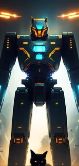 A futuristic robot with glowing lights and a black cat in a sci-fi setting.