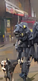 Futuristic robot and dog in urban artistic scene.