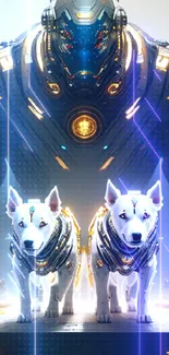 Futuristic robot with two cybernetic dogs in a sci-fi setting.