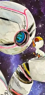 Robot and duckling in a cosmic scene.