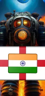 Futuristic robot with Indian flag on fiery background and alien symbols.