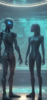 Futuristic robot and human figure in blue tech-themed wallpaper.