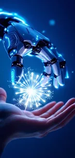 Futuristic robot hand meets human hand amid glowing blue sparks.