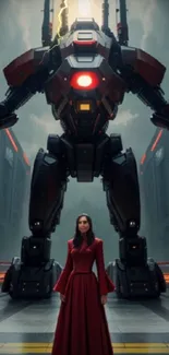 Futuristic robot towering over woman in red dress in urban setting.