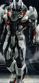 Sleek futuristic robot in gray armor with red accents on a dark background.