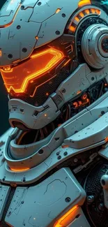 Futuristic robot with glowing orange armor design.
