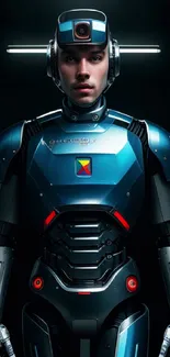 Futuristic robot in blue armor with glowing red accents.