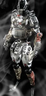 Futuristic robot in detailed armor on a black background.