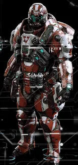 Futuristic robot in red and white armor on black background.