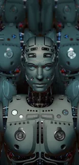 Futuristic humanoid robots in formation wallpaper.