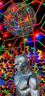 Futuristic robot and colorful digital sphere with abstract patterns on background.