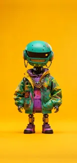 Futuristic robot art with vibrant colors on a yellow background.