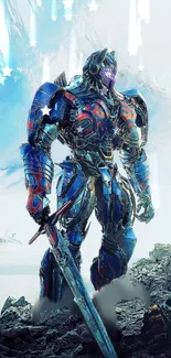 Futuristic robot in blue armor on rocky background with vibrant details.