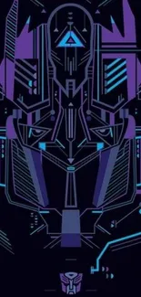 Futuristic geometric robot design in purple and blue on dark background.