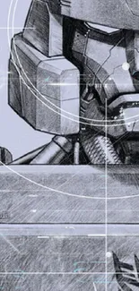 Futuristic robot with detailed sketch design in gray tones.