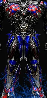 Futuristic robot with blue and red armor on a black background.