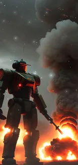 Futuristic robot in battle with explosions, dark sky, and dynamic lighting.