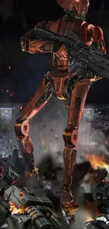 Futuristic robot standing in battle scene with explosions.