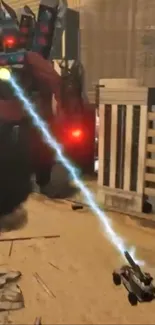 Futuristic robot firing laser in urban battle scene.