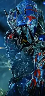 Futuristic robot with blue armor and red accents, sci-fi wallpaper.