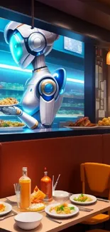 Futuristic cafe scene with robot waiter and vibrant colors.