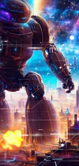 Futuristic robot in a vibrant cosmic cityscape with glowing lights.