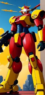 A vibrant red and yellow robot stands in a futuristic cityscape.