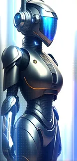 Futuristic robot in a cityscape, with sleek armor and vibrant blue visor.