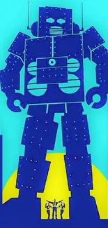 Giant blue robot in cityscape with yellow accents.