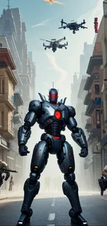 Epic robot stands tall in a futuristic city street scene with drones overhead.